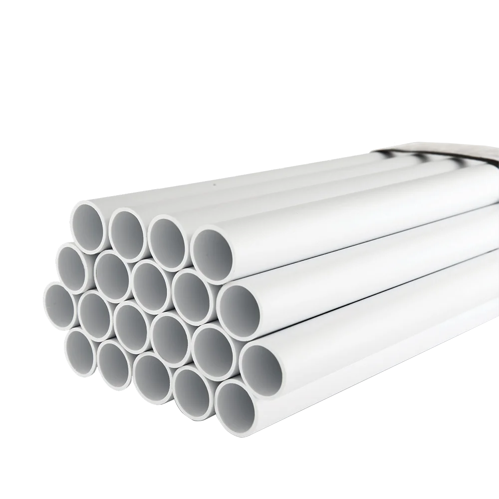 A stack of white PVC pipes arranged in neat rows, showcasing their round openings and smooth surfaces. Its Called Conduit Pipe 20mm x 4m Econo