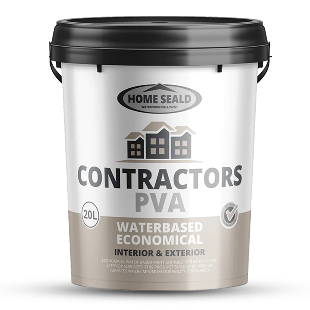 A 20-liter bucket of Home Seald Contractors PVA with a black lid. The label reads Waterbased Economical, suitable for both interior and exterior use. CONTRACTORS PVA Paint (Firstcoat or Undercoat)