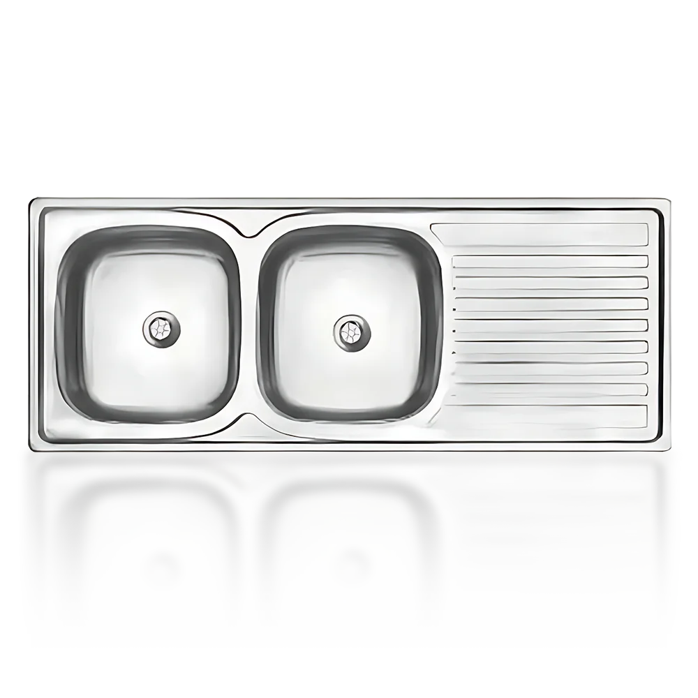Stainless steel double kitchen sink with a built-in drainer on the right, reflecting on a glossy surface below. Its called Drop in Sink Double 1200X500