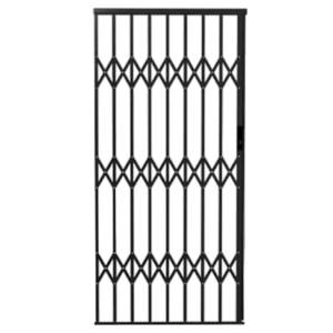 A tall, closed accordion-style metal security gate with a diamond pattern, shown against a plain background. The design features vertical slats with crisscrossing elements for reinforcement.It's Called Expanding Security Aluminium Gate 1.0M*2.1M (ASG1)