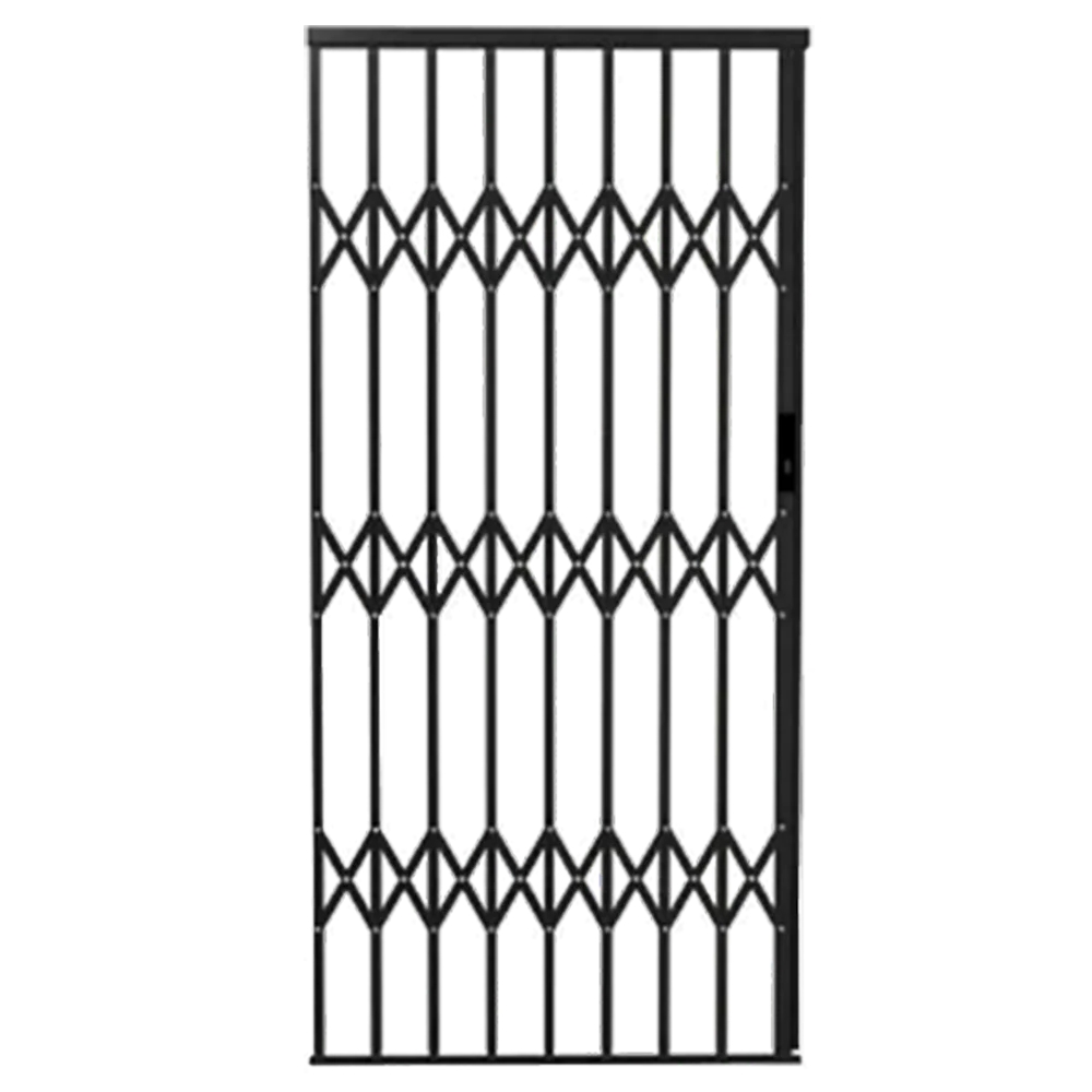 A tall, closed accordion-style metal security gate with a diamond pattern, shown against a plain background. The design features vertical slats with crisscrossing elements for reinforcement.It's Called Expanding Security Aluminium Gate 1.0M*2.1M (ASG1)