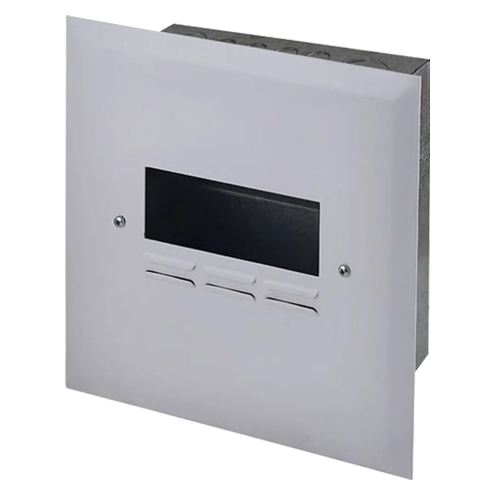 A white wall-mounted panel with a rectangular display and three buttons, designed for electronic control or monitoring. Its Called Flush DB Board 12way Din