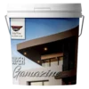 A white container labeled Super Gamazine Plaster Coating featuring an image of a modern building with a slanted roof. The lid is white with a handle, and the background shows a blue sky.