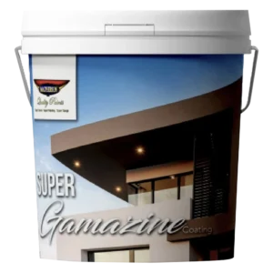 A white container labeled Super Gamazine Plaster Coating featuring an image of a modern building with a slanted roof. The lid is white with a handle, and the background shows a blue sky.