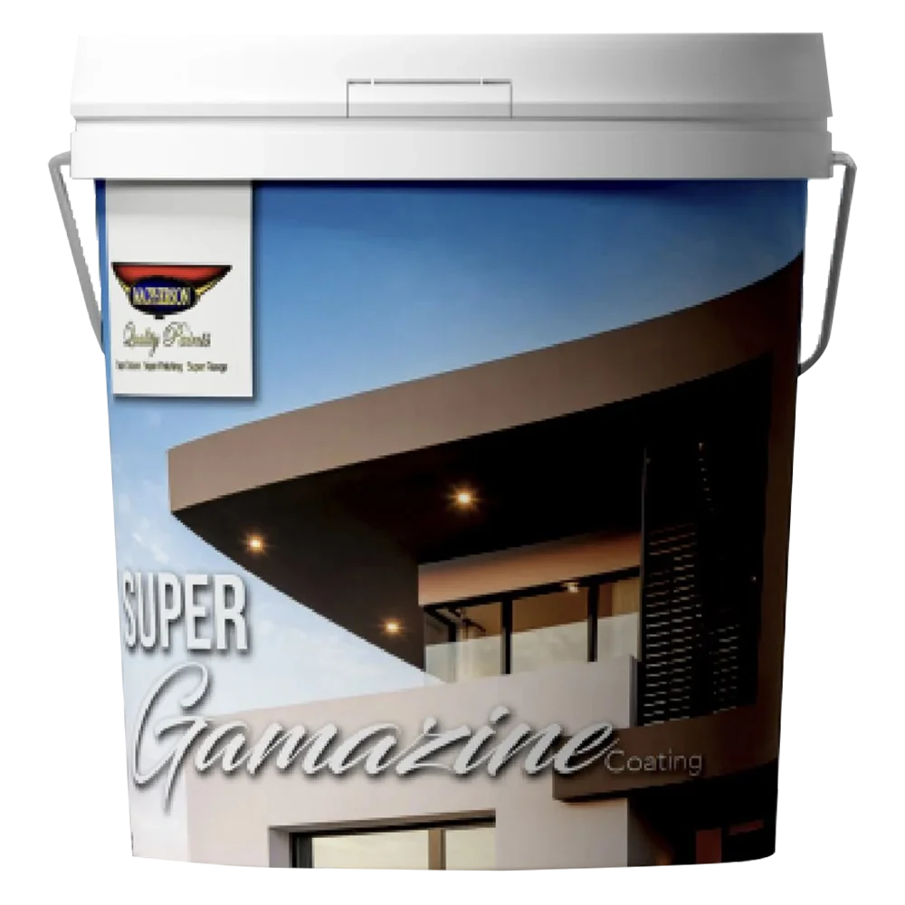 A white container labeled Super Gamazine Plaster Coating featuring an image of a modern building with a slanted roof. The lid is white with a handle, and the background shows a blue sky.