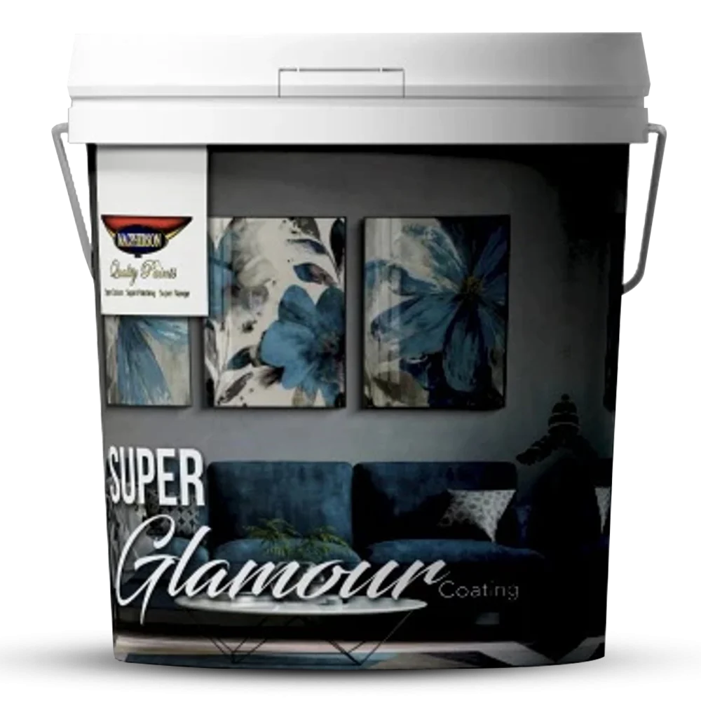 A white paint bucket labeled Super Glamour Coating featuring art on the surface, including blue and white floral-themed paintings above a dark blue sofa. The bucket has a handle and is manufactured by a brand with a crest-like logo. Its Calld GLAMOUR COATING 20LT