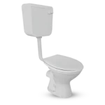 A modern white toilet with a tank on the back and a rounded bowl, set against a plain black background. Its Called Low Level Toilet Set 4 Pieces