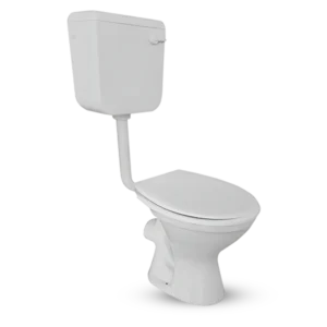 A modern white toilet with a tank on the back and a rounded bowl, set against a plain black background. Its Called Low Level Toilet Set 4 Pieces
