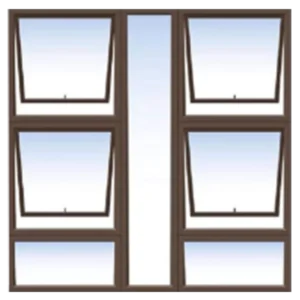 Digital illustration of a six-pane window with a dark brown frame. Each pane is slightly open at the top, allowing a view of the light blue sky behind. The window is symmetrically divided into two columns of three panes each. Its Called Aluminum Window 1.5M X 1.5M (P4TT1515)