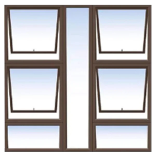 Digital illustration of a six-pane window with a dark brown frame. Each pane is slightly open at the top, allowing a view of the light blue sky behind. The window is symmetrically divided into two columns of three panes each. Its Called Aluminum Window 1.5M X 1.5M (P4TT1515)