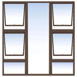 Illustration of a window with a central panel flanked by two columns of three smaller, angled panes on each side. The panes appear to open outward, and the frames are dark brown. Its Called Aluminium Window 1.8M X 1.5M