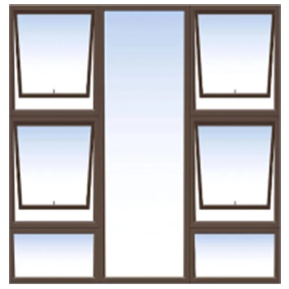 Illustration of a window with a central panel flanked by two columns of three smaller, angled panes on each side. The panes appear to open outward, and the frames are dark brown. Its Called Aluminium Window 1.8M X 1.5M