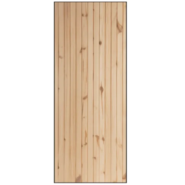 Close-up of a light-colored wooden panel, featuring vertical grooves and natural knots, showcasing a smooth finish.It's Called Pine Full Door Back to Back