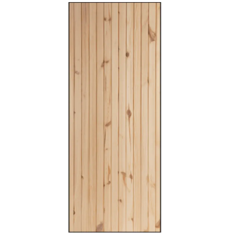 Close-up of a light-colored wooden panel, featuring vertical grooves and natural knots, showcasing a smooth finish.It's Called Pine Full Door Back to Back