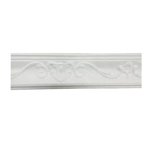 A decorative white wall molding with intricate floral and scroll patterns, featuring a quilted texture along its length. Its Called EPS Pattern Cornice Princess (PLS020)