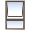 Illustration of a brown-framed window with two panels. The top panel is tilted open inward at the bottom, allowing ventilation. The lower panel is closed. The sky outside is visible through the blue-tinted glass.its called Aluminum Window (600*900MM)(PT69)