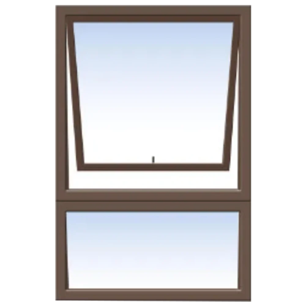 Illustration of a brown-framed window with two panels. The top panel is tilted open inward at the bottom, allowing ventilation. The lower panel is closed. The sky outside is visible through the blue-tinted glass.its called Aluminum Window (600*900MM)(PT69)