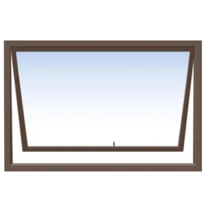 Illustration of an awning window with a wooden frame. The window is slightly open, tilting outward from the bottom. The background shows a gradient of light blue to white, resembling a clear sky. Its called Aluminum window(Aluminium window (900*600MM) (PT96)