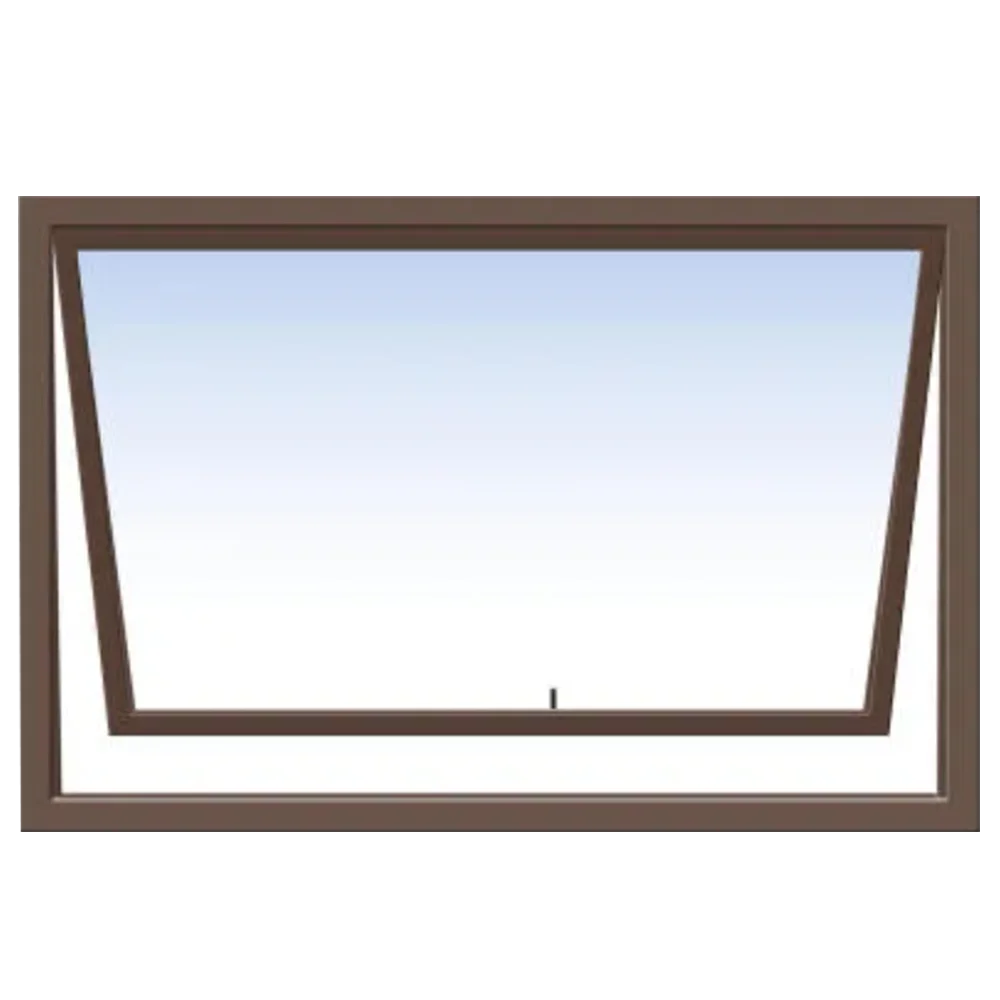 Illustration of an awning window with a wooden frame. The window is slightly open, tilting outward from the bottom. The background shows a gradient of light blue to white, resembling a clear sky. Its called Aluminum window(Aluminium window (900*600MM) (PT96)