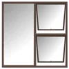 A three-panel window with a brown frame. The left panel is a large rectangle, while the right side has two smaller, rectangular panels stacked vertically. Its Called Aluminium Window 1.2M X 1.5