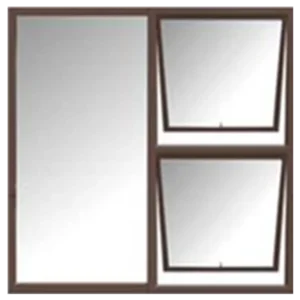 A three-panel window with a brown frame. The left panel is a large rectangle, while the right side has two smaller, rectangular panels stacked vertically. Its Called Aluminium Window 1.2M X 1.5