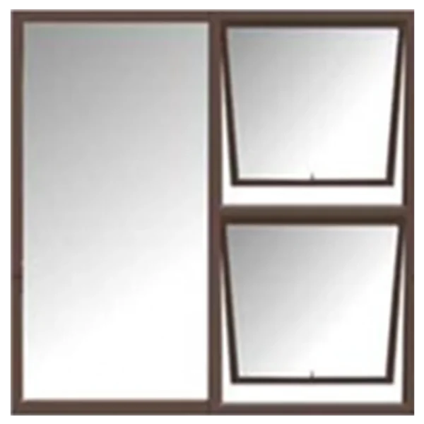 A three-panel window with a brown frame. The left panel is a large rectangle, while the right side has two smaller, rectangular panels stacked vertically. Its Called Aluminium Window 1.2M X 1.5