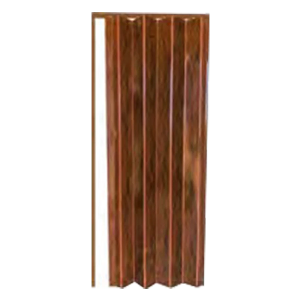 A concertina copper door panel with a shiny, reflective surface. The door is folded, displaying its accordion-like design with vertical ridges. The copper color gives it a warm, metallic appearance. PVC Folding Door with Gunstock Oak Finish