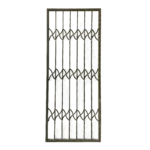 A vertical retractable gate with a crisscross pattern made of metal bars. The gate is partially open, showing a corrugated design, and has a weathered appearance with hints of rust. The background is transparent. Its Called Security Steel Gate Square Tube 32 x 770mm x 2.0M (BW).