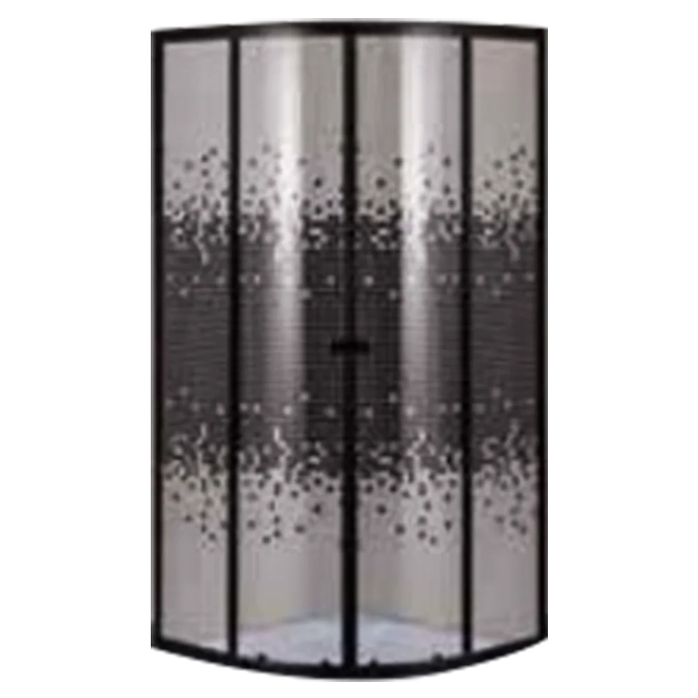 Stylish curved shower enclosure with a black frame and frosted glass featuring a gradient dot pattern. Its Called Shower Door Round Corner Entry (1124) (DSH074)