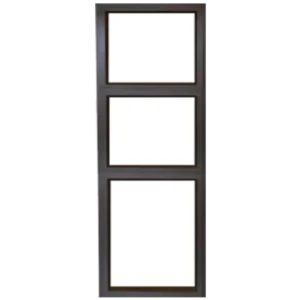 A tall, rectangular window with three evenly spaced sections. The frame is a dark color, contrasting with the bright white background visible through the glass panes. its called Aluminium Sidelight Door 600MM x 2.1M (SL621)
