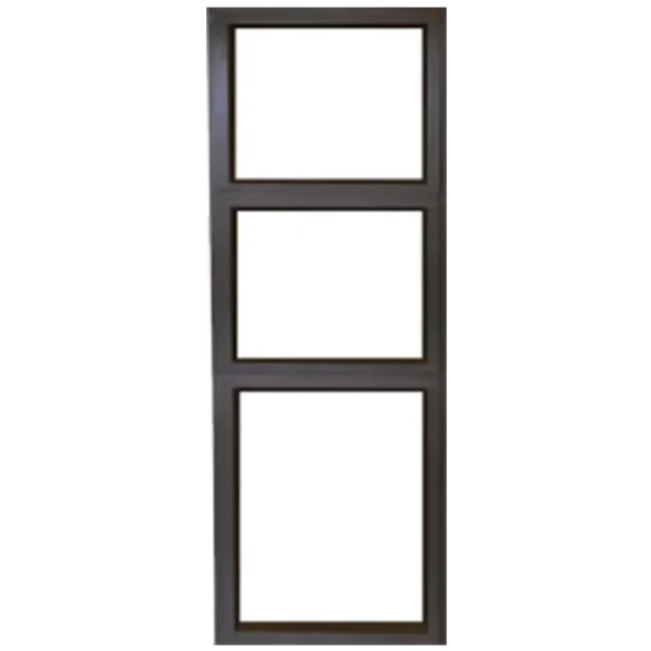 A tall, rectangular window with three evenly spaced sections. The frame is a dark color, contrasting with the bright white background visible through the glass panes. its called Aluminium Sidelight Door 600MM x 2.1M (SL621)