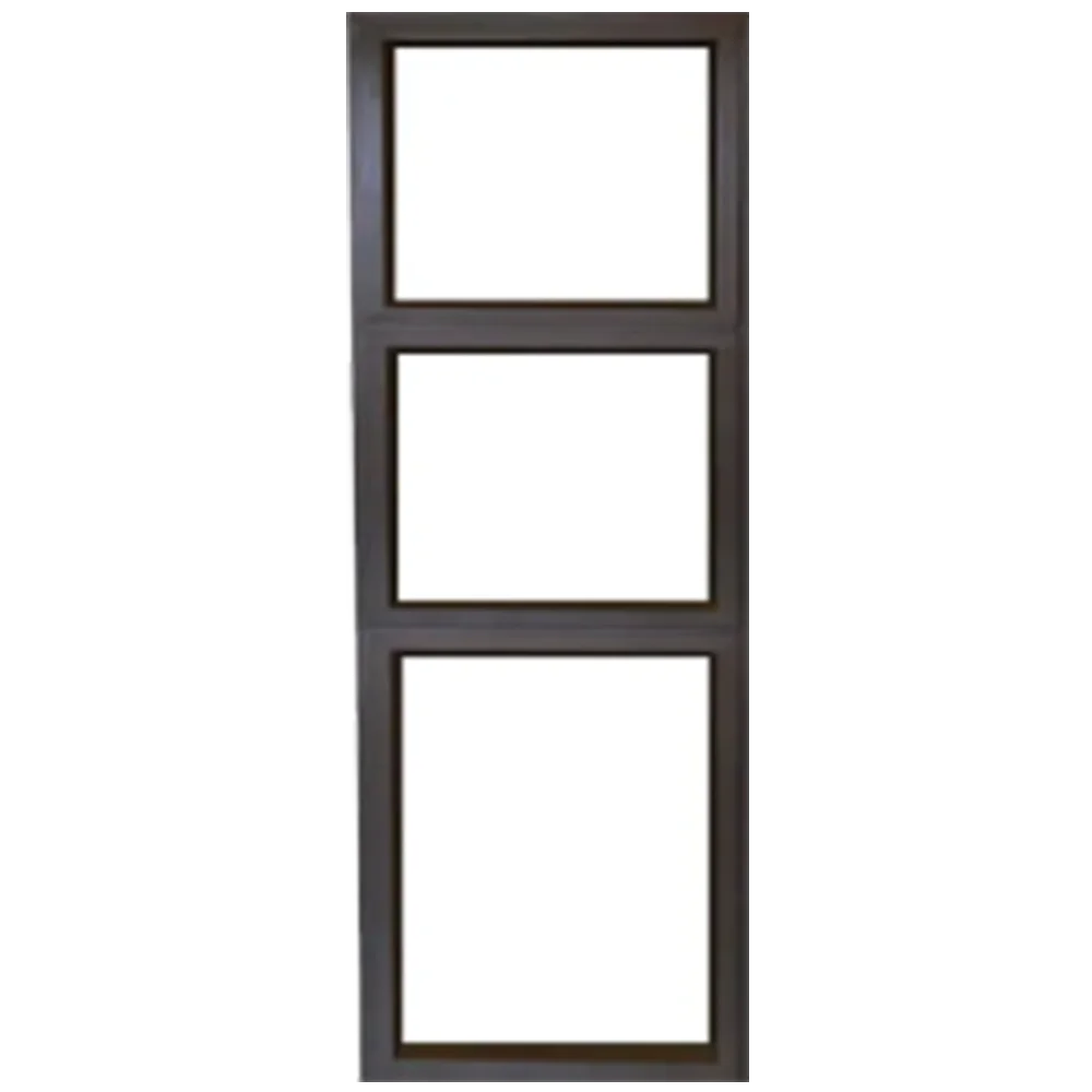 A tall, rectangular window with three evenly spaced sections. The frame is a dark color, contrasting with the bright white background visible through the glass panes. its called Aluminium Sidelight Door 600MM x 2.1M (SL621)