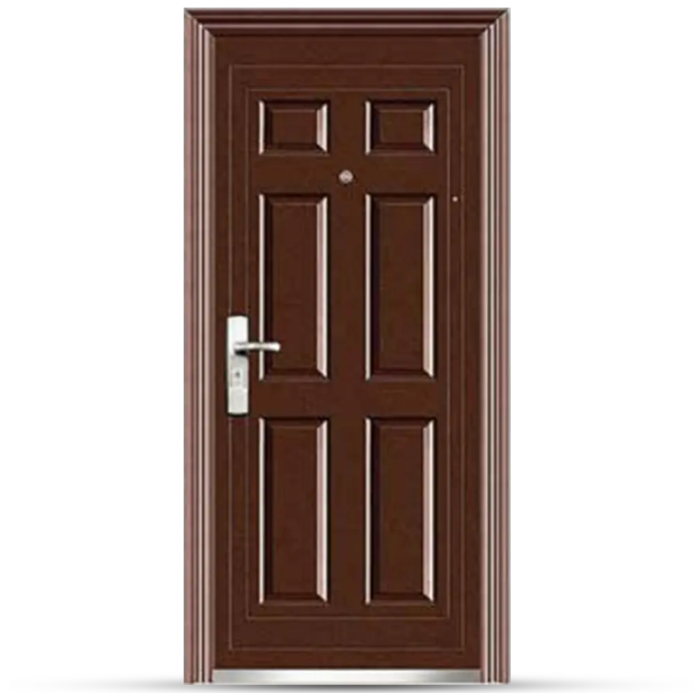 Brown steel Door 6 Panel door with a sleek silver handle and a peephole, framed in a light-colored border.