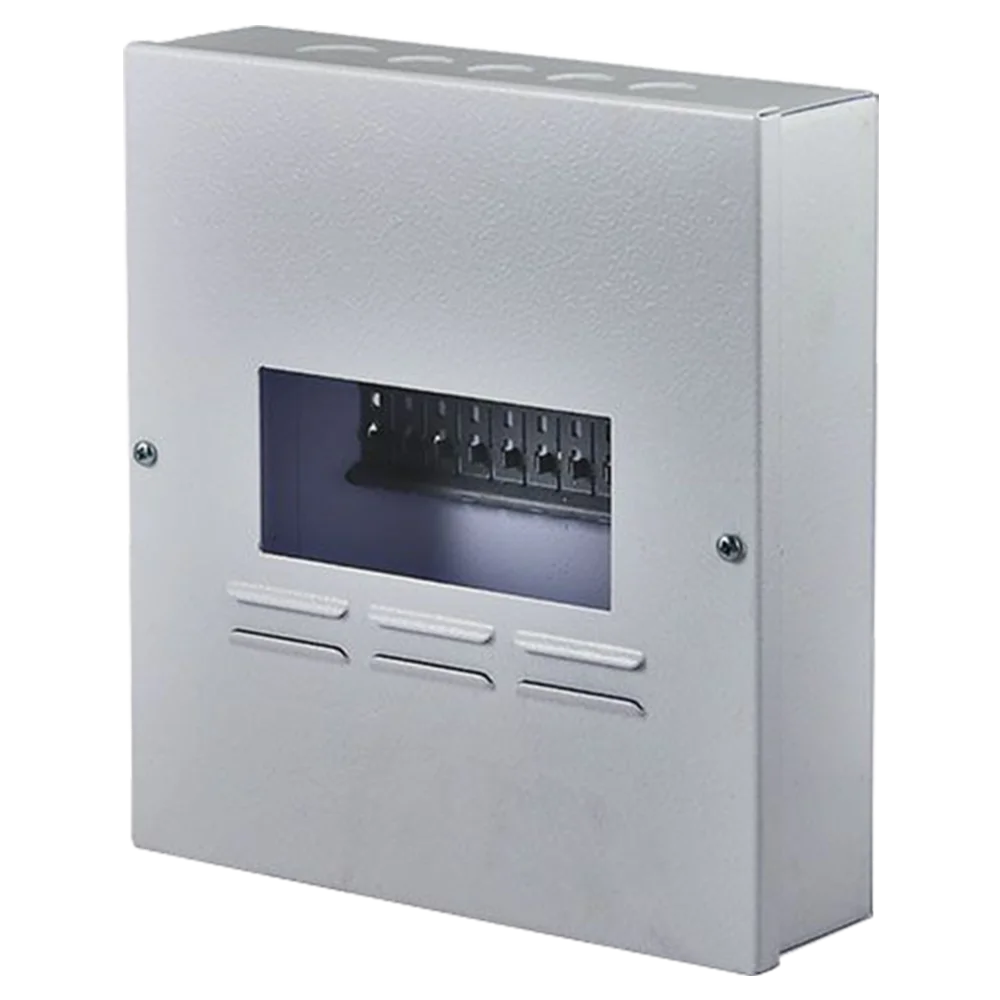White electrical distribution box with a transparent window showcasing multiple circuit breakers inside. its called Surface DB Board 8way Samite