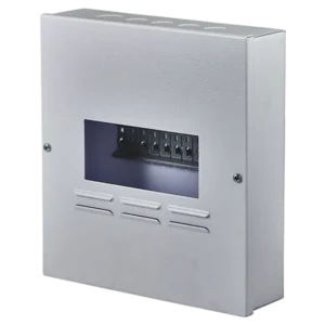 A grey electrical distribution box with a transparent window displaying multiple circuit breakers inside. Its Called Surface DB Board 8way Din