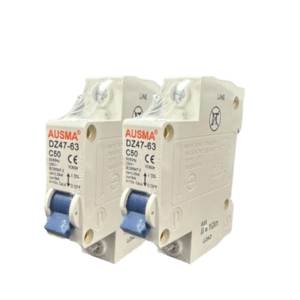 Two AUSMA DZ47-63 circuit breakers, labeled C50, on a white background, designed for electrical safety and overload protection. Its Called White Ausma Din Circuit Breaker