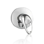 A sleek, modern chrome door handle with an elegant, curved design mounted on a circular base. Its Called Shower Mixer Lever Silver