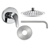 A collection of sleek chrome shower components: a handle, overhead showerhead, a spout, and a circular escutcheon plate. Its Called Sliver Shower Mixer Set