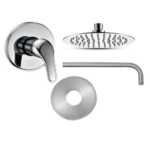 A collection of sleek chrome shower components: a handle, overhead showerhead, a spout, and a circular escutcheon plate. Its Called Sliver Shower Mixer Set