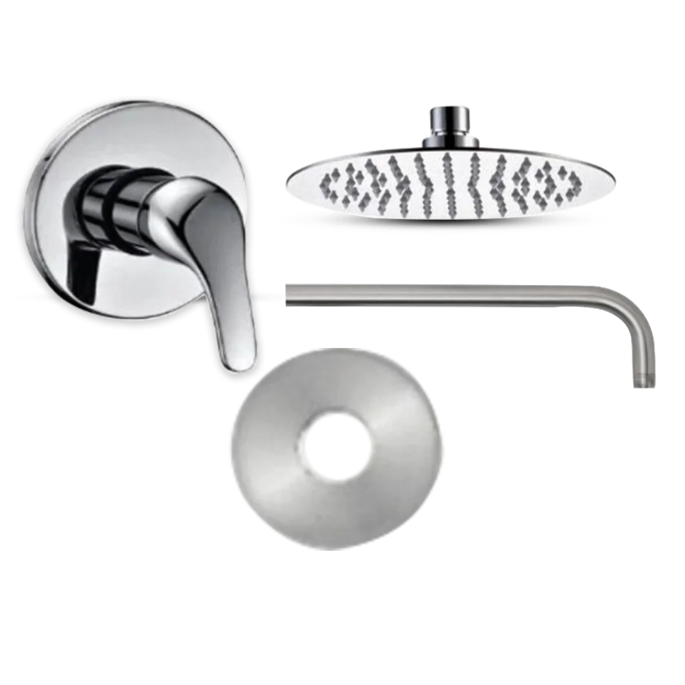 A collection of sleek chrome shower components: a handle, overhead showerhead, a spout, and a circular escutcheon plate. Its Called Sliver Shower Mixer Set