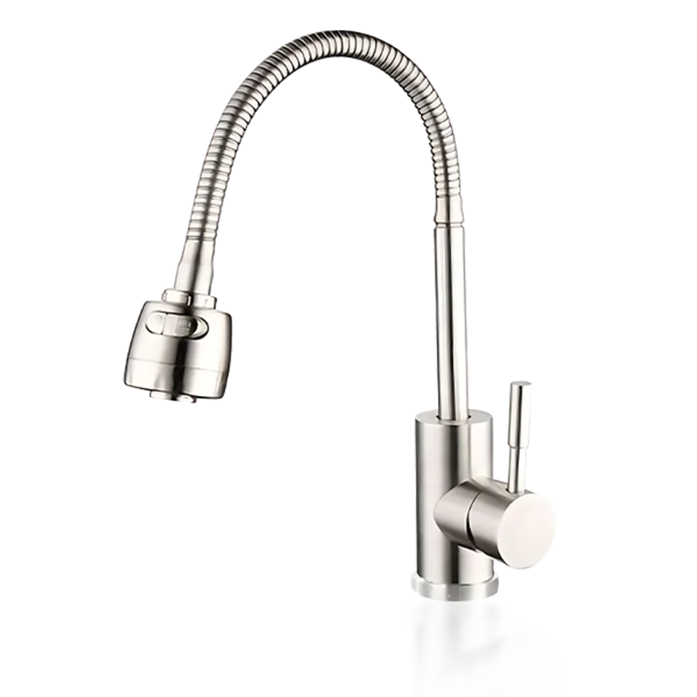 Modern stainless steel kitchen faucet with a flexible spout and a single lever handle. Its Called Sink Flexible Mixer Deck Type