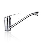 Modern chrome kitchen faucet with a sleek, elongated spout and a reflective surface, showcasing minimalist design and elegance. Its Called Sliver Sink Mixer Deck Type With Lever Handle