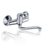 Shiny chrome faucet with a single handle and spout, featuring red and blue indicators for hot and cold water. Its Called Sink Mixer Wall Type (Lever-Silver) (EZI-7)