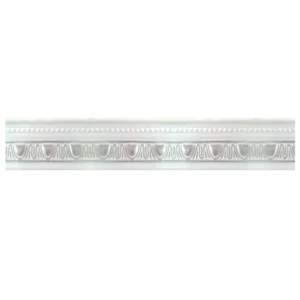 Decorative white crown molding with an elegant, wavy design and bead detailing along the top edge. Its Called Polystyrene T-Series Cornice White and Sliver 100mmx2m