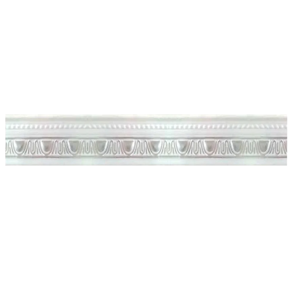 Decorative white crown molding with an elegant, wavy design and bead detailing along the top edge. Its Called Polystyrene T-Series Cornice White and Sliver 100mmx2m