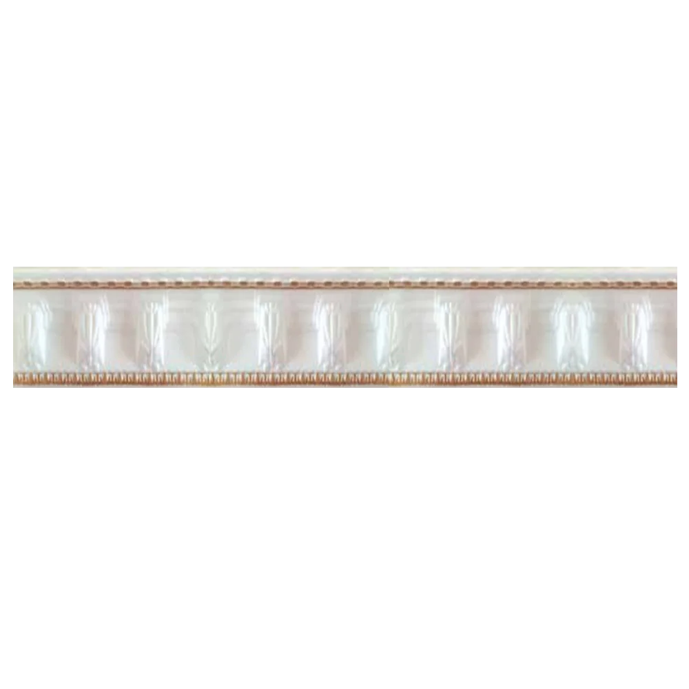 A decorative ribbon with a translucent, glossy finish, featuring a series of evenly spaced light-colored designs along its length. Polystyrene T-Series Cornice White and Gold 100mmx2m