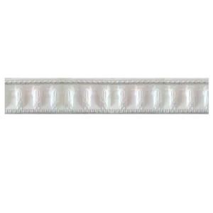 A translucent, iridescent ribbon featuring subtle pearl-like patterns along its length, edged with delicate white lace. Its Polystyrene T-Series Cornice White and Sliver 100mmx2m