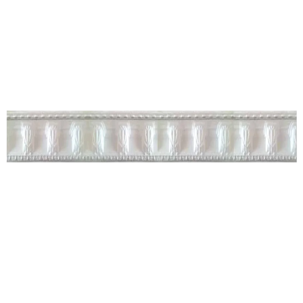 A translucent, iridescent ribbon featuring subtle pearl-like patterns along its length, edged with delicate white lace. Its Polystyrene T-Series Cornice White and Sliver 100mmx2m