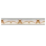 Decorative ceiling frieze featuring elegant golden floral motifs on a white background, with wavy lines and intricate detailing. Its Polystyrene T-Series Cornice White and gold 100mmx2m