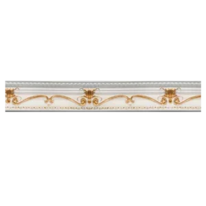 Decorative ceiling frieze featuring elegant golden floral motifs on a white background, with wavy lines and intricate detailing. Its Polystyrene T-Series Cornice White and gold 100mmx2m